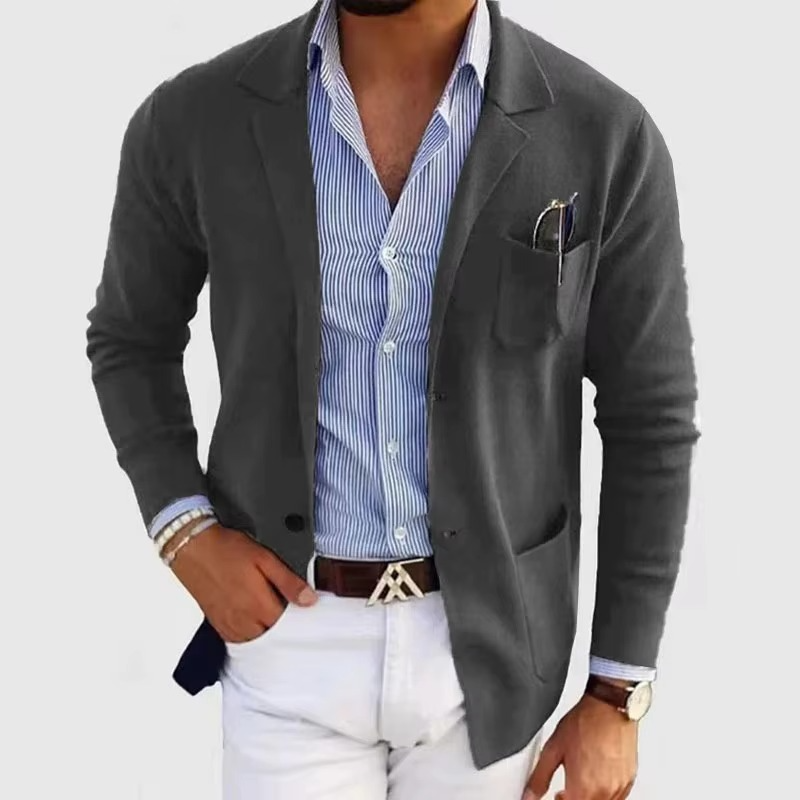 Veste Cardigan Tricot Pour Homme Couleur Unie Avec Col Revers Et Poches Multiples