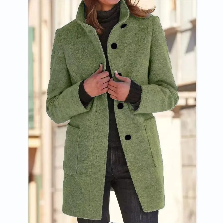 Manteau En Coton Pour Femme Printemps 2025 Noir Col Debout Décontracté Manches Longues Poches Boutonées