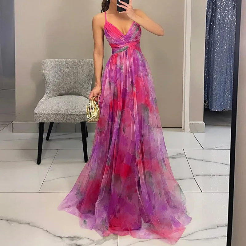 Robe Maxi Florale Ruby pour Mariages et Réceptions en Plein Air en Chiffon Plissé 100 pour cent Polyester