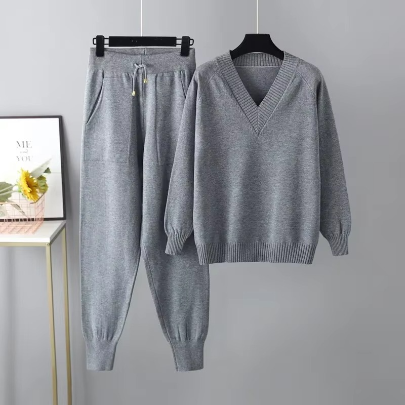 Ensemble Deux Pièces Femme Pull Col V Maille Automne Hiver 2024 Pantalon Inclus Pour Femme Moderne
