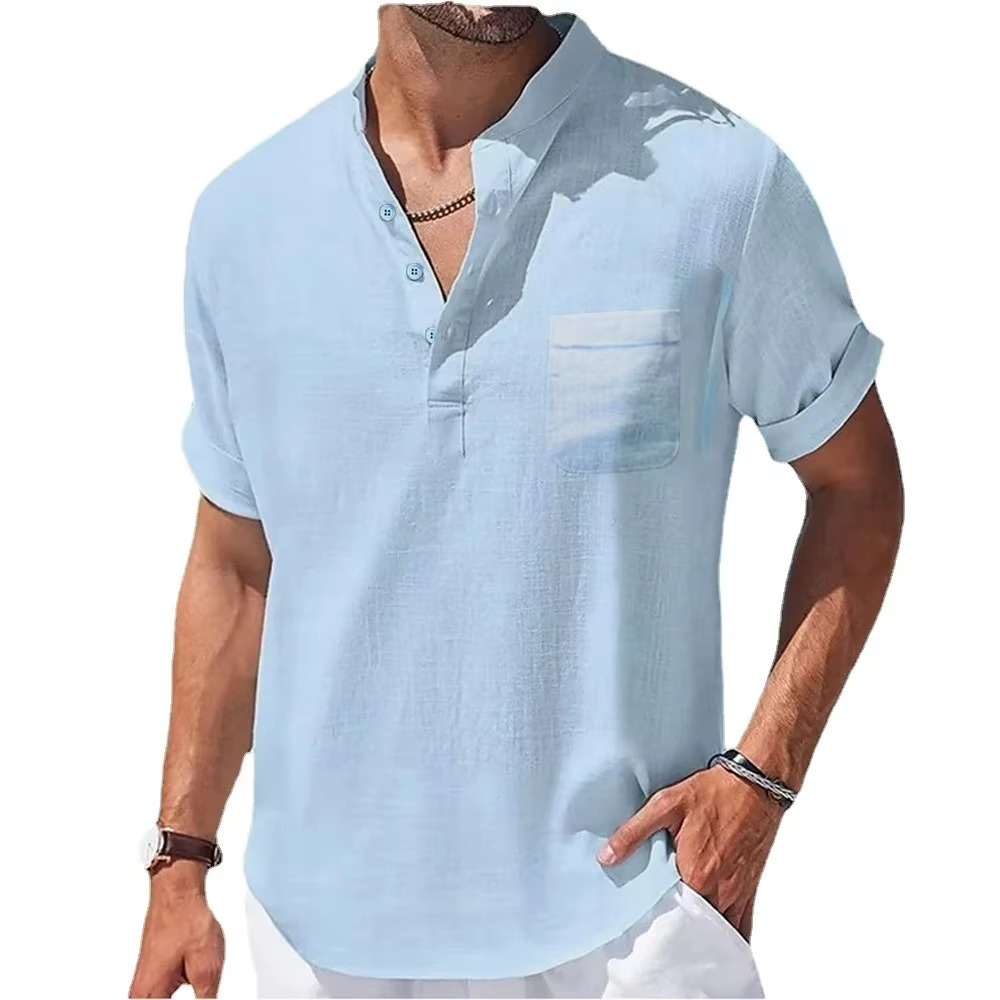 Chemise Henley Homme Été En Coton Lin Manches Courtes Décontractée Respirante Légère Marine