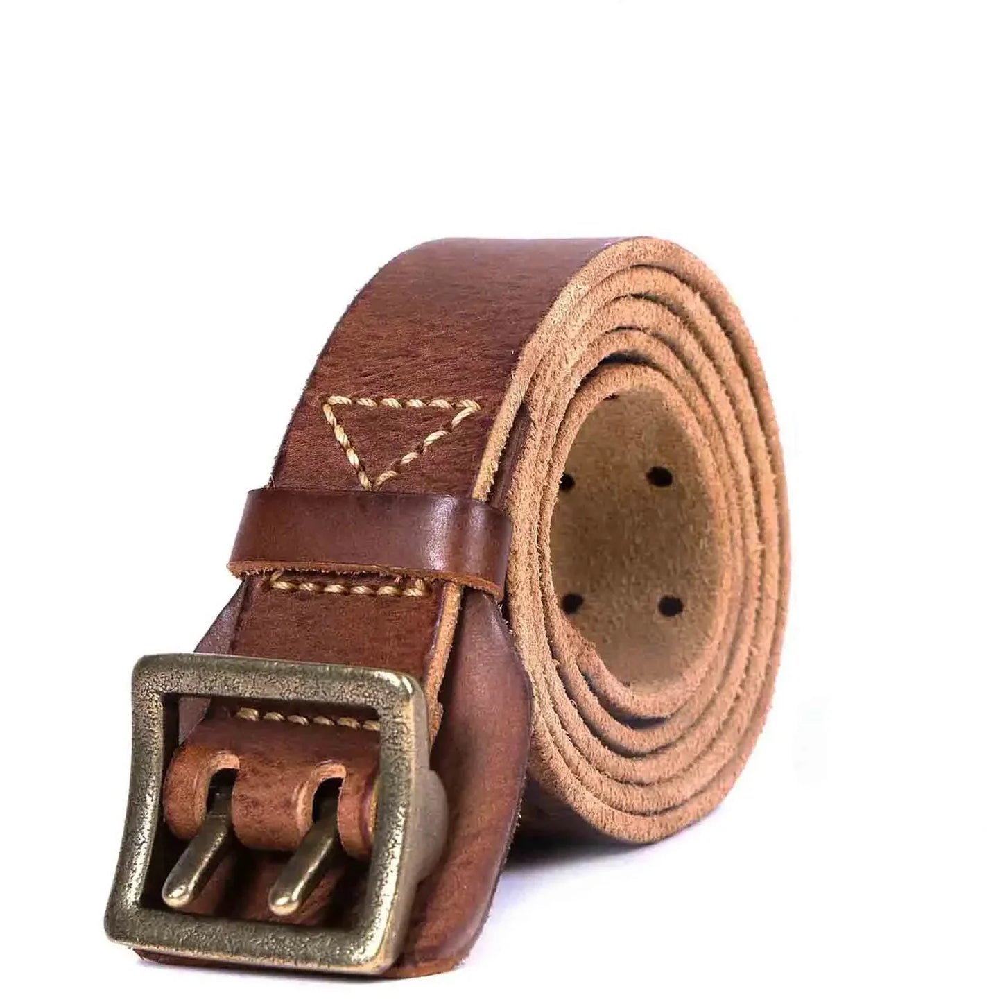 Ceinture Cuir Véritable Bravur Italie Plein Grain Boucle Cuivre Double Ardillon Bordée À La Main