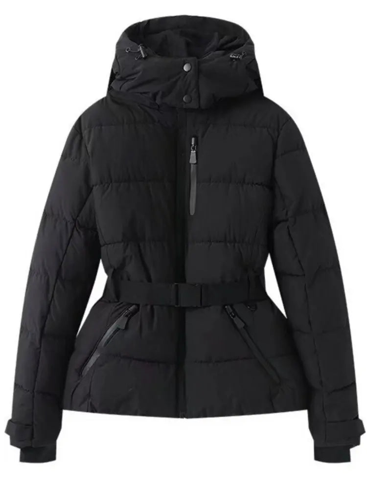 Manteau Puffer Matelassé Femme Hiver Avec Ceinture Coupe Ajustée Finition Métallique