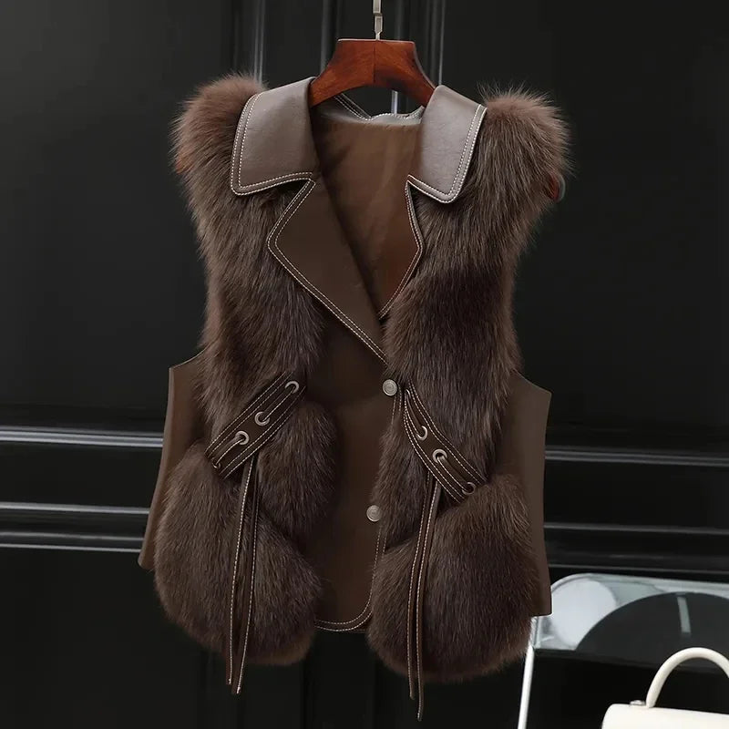 Gilet En Fourrure À Col Sans Manche Coupe Regular Avec Bordure En Fourrure Et Détail Noeud Pour Soirée