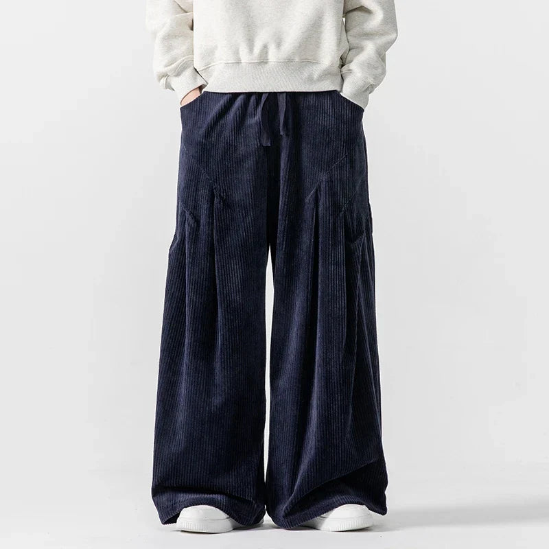 Pantalon Hakama En Velours Côtelé Large Avec Plis Et Silhouette Oversized À Taille Élastique
