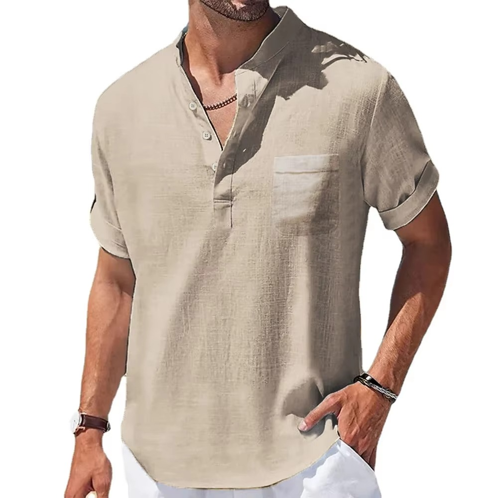 Chemise Henley Homme Été En Coton Lin Manches Courtes Décontractée Respirante Légère Marine