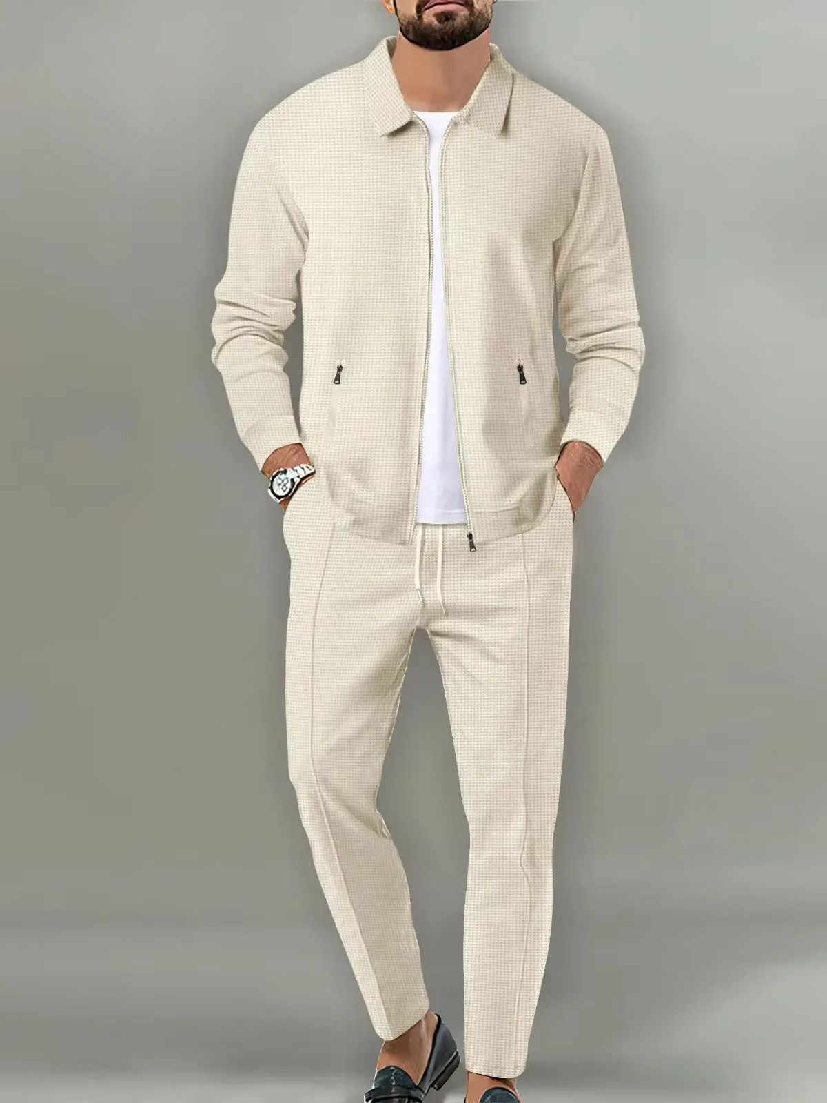 Ensemble Homme Deux Pièces Veste Chemise Polo À Manches Longues Pantalon À Cordon Confort Quotidien