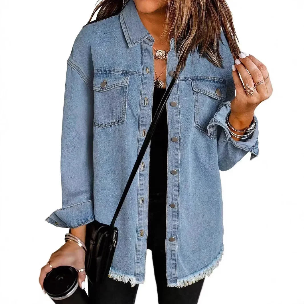 Sophia Amawinc Veste Chemise Denim Doux Lavé Coton Ourlet Frangé Décontractée Pour Superposition