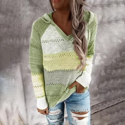 Pull Patchwork Doux À Capuche Pour Femme Manches Longues Tricot Rayé Confortable Et Chic