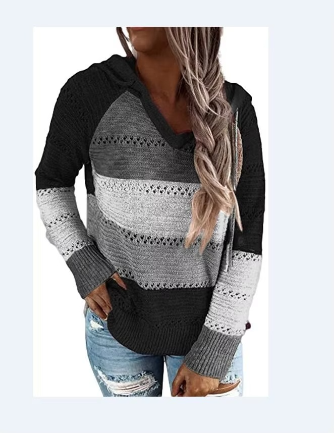 Pull Patchwork Doux À Capuche Pour Femme Manches Longues Tricot Rayé Confortable Et Chic