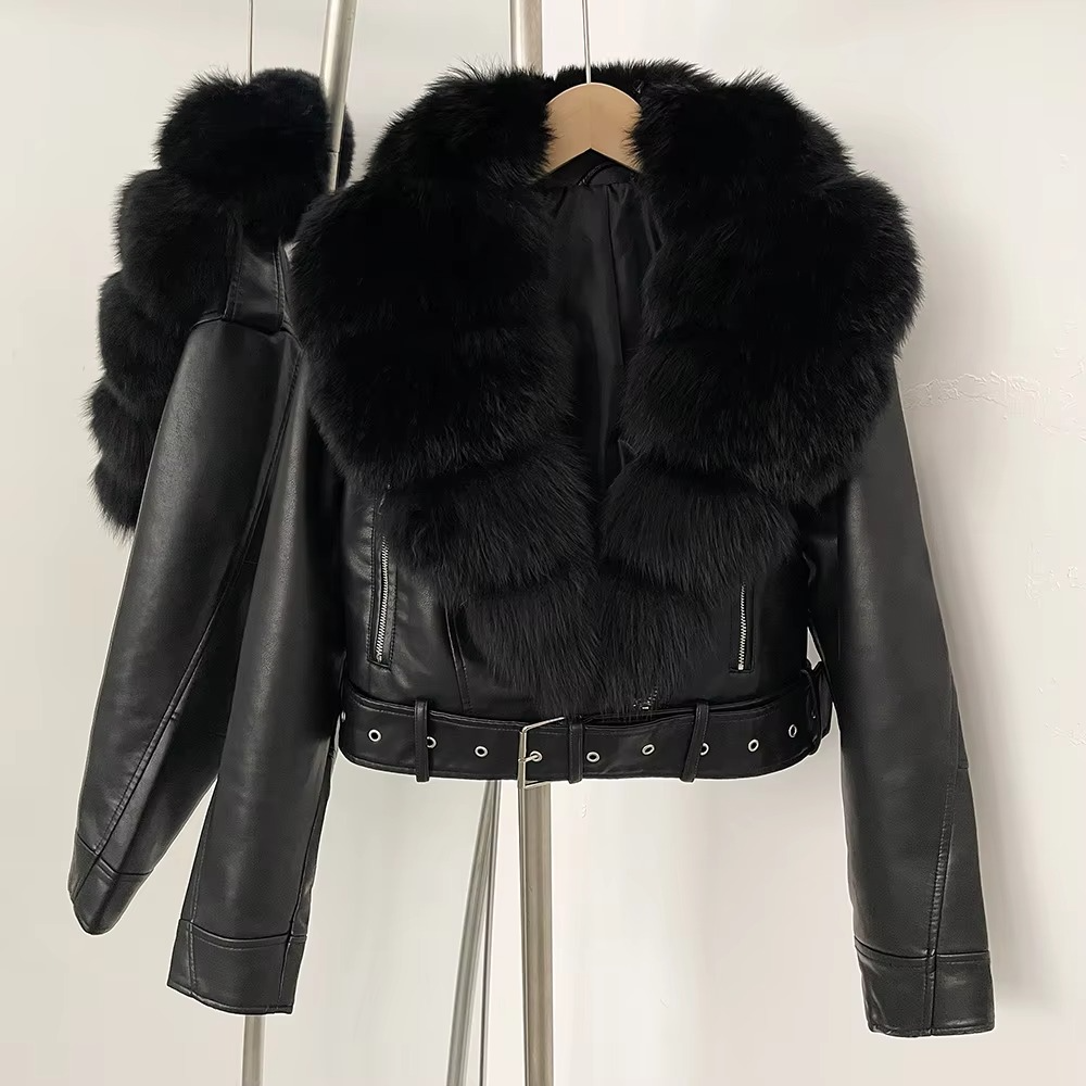 Manteau Femme en Cuir Synthétique avec Col en Fourrure Fausse Élégante Chaleur pour la Saison Froide