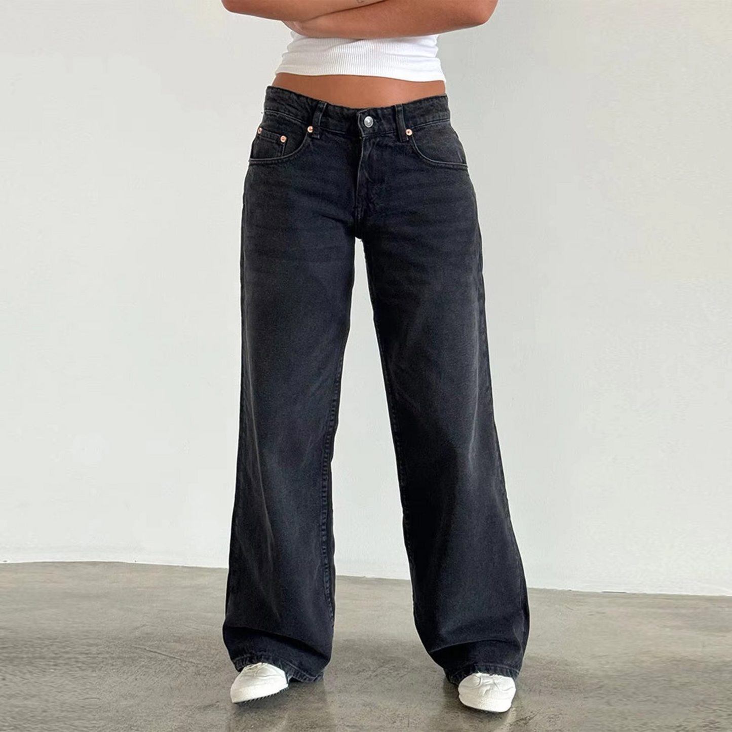 Jean Femme À Taille Moyenne Coupe Droite Vintage Lavé Pour Femmes Confort Durable Et Style Quotidien