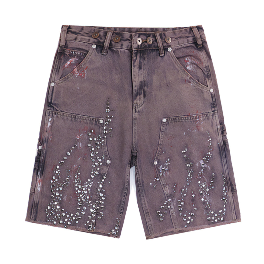 Shorts En Jean Avec Flammes En Strass Et Poches Pratiques Style Carpenter À Coupe Large