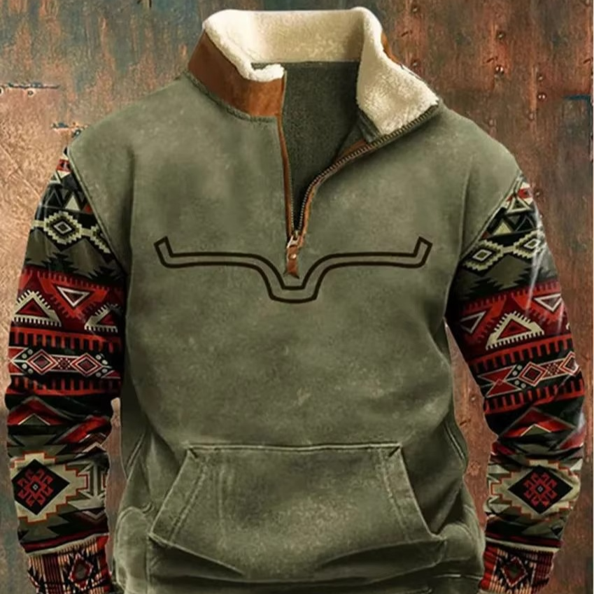 Veste à Capuche Rétro Imprimée 3D pour Hommes avec Col en Cuir et Fermeture Éclair pour Temps Froids