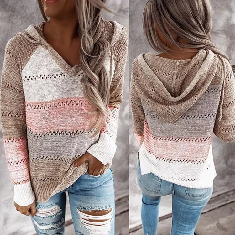 Pull Patchwork Doux À Capuche Pour Femme Manches Longues Tricot Rayé Confortable Et Chic