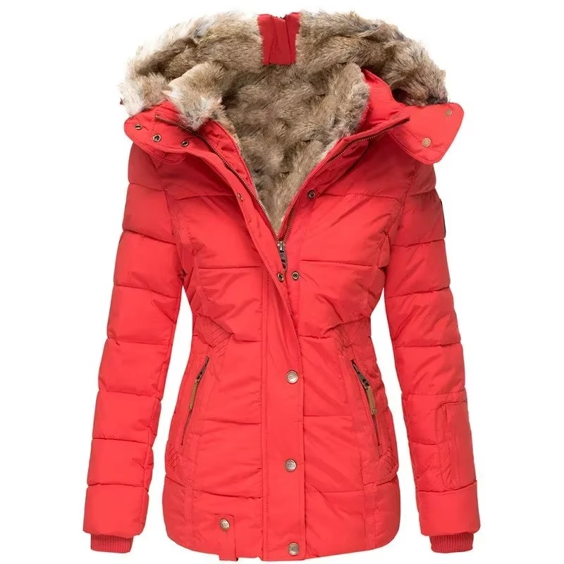Manteau Femme En Coton À Capuche Coupe Slim Avec Col En Laine Pour Un Style Chic Et Chaud