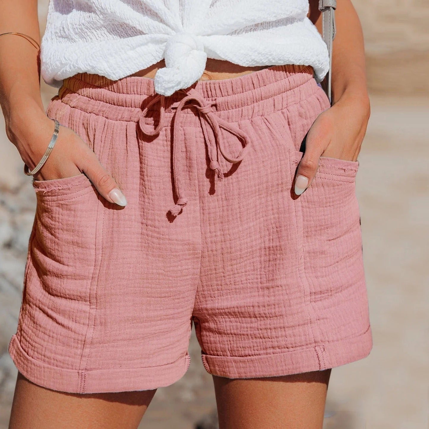 Shorts Femme Décontractés à Taille Elastique avec Cordon Coton Texturé et Poches Pratiques