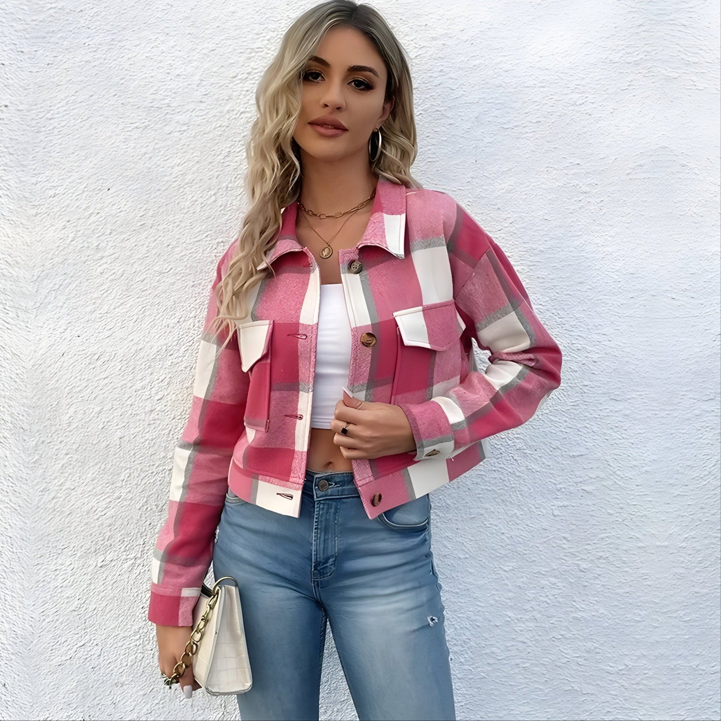 Veste Courte À Carreaux Lavés Avec Poches Plaquées Boutons En Corne Synthétique Col Revers Poignets De Chemise