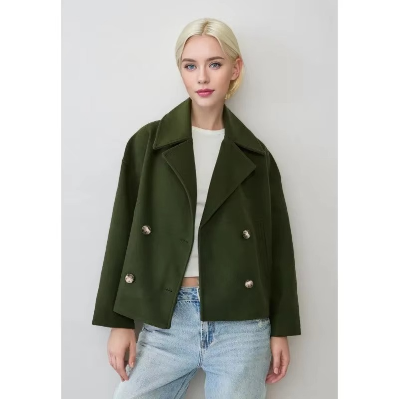 Manteau Court Automne En Laine Mélangée Pour Femme Avec Boutonnage Double Devant Et Col Revers