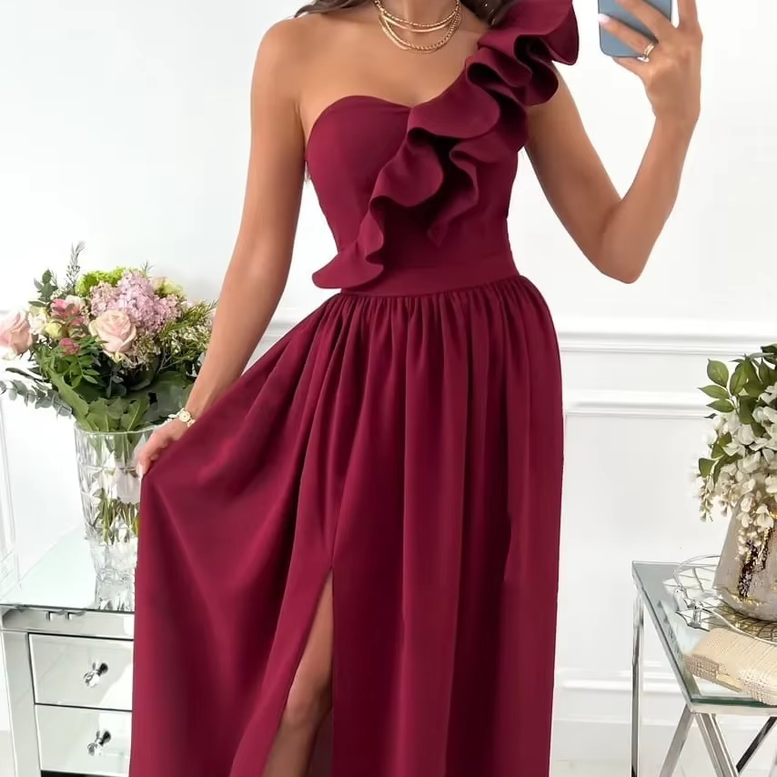 Robe Maxi À Une Épaule Avec Bordure À Volants Et Fente Latérale Élégante Pour Événements Amawinc
