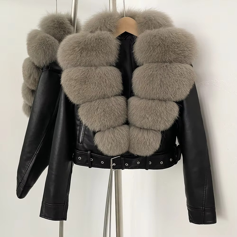 Manteau Femme en Cuir Synthétique avec Col en Fourrure Fausse Élégante Chaleur pour la Saison Froide
