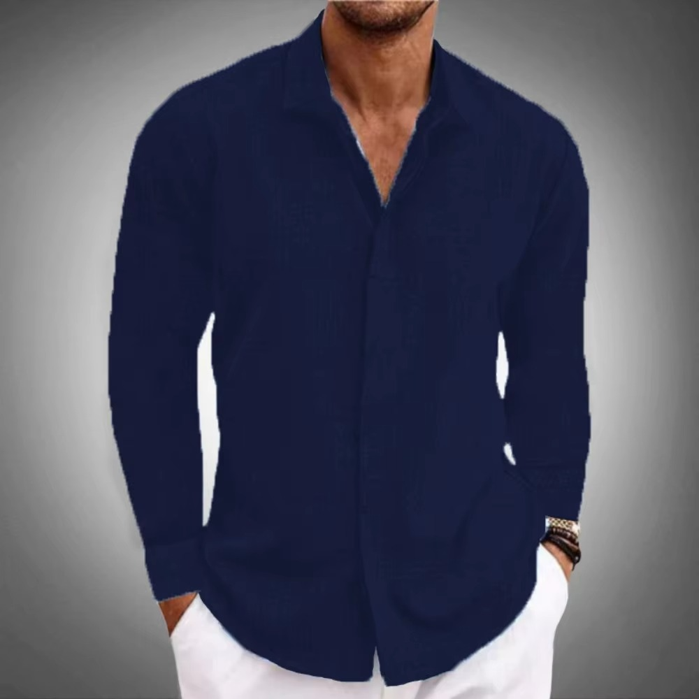 Chemise Homme Lin Uni À Manches Longues Boutonnée Décontractée Pour Le Travail Et Les Fins De Semaine
