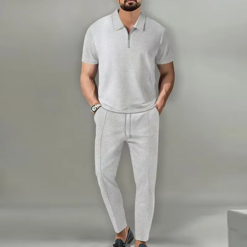 Ensemble Homme 2 Pièces Col Gaufre Uni Manches Courtes Polo Zip et Pantalon à Cordon
