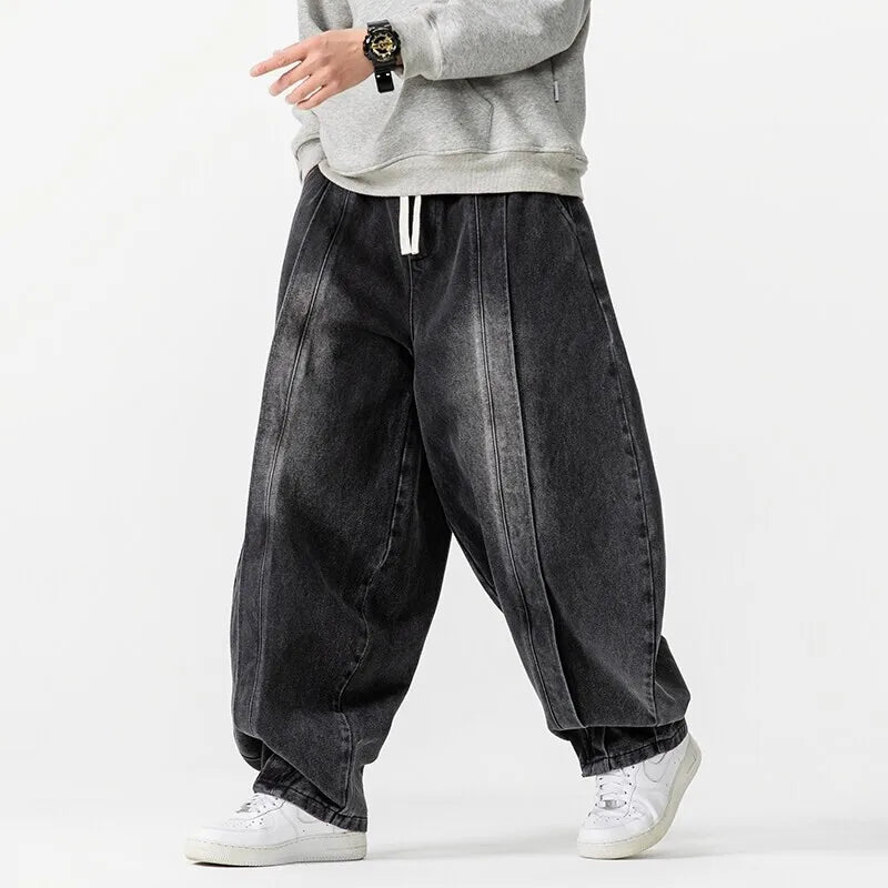 Amawinc Jeans Japonais Oversized Coupe Dramatique Des Années 90 Baggy Plis Coutures Frontales Taille Cordon Reglable