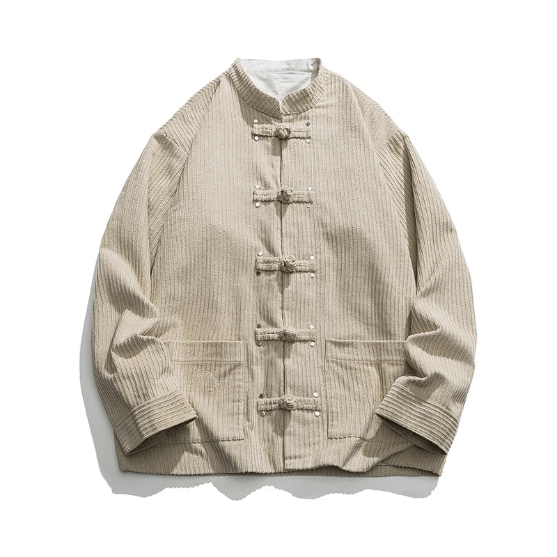 Manteau Imperial En Velours Côtelé Avec Fermeture Grenouille Brodée Et Coupe Oversize Élégante Pour Hiver