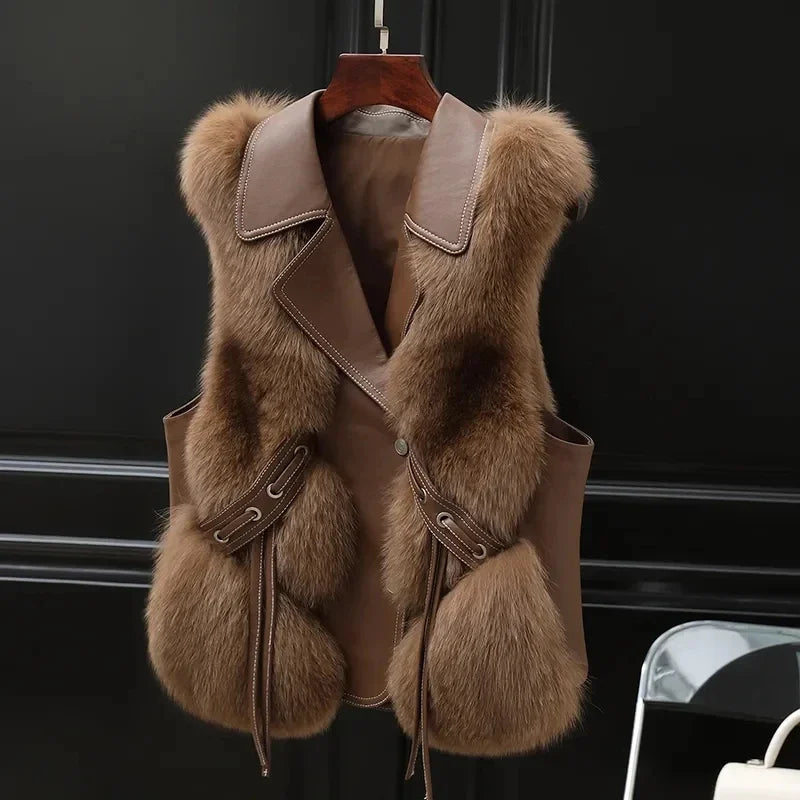 Gilet En Fourrure À Col Sans Manche Coupe Regular Avec Bordure En Fourrure Et Détail Noeud Pour Soirée