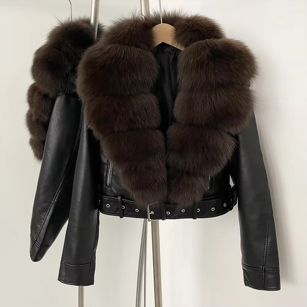 Manteau Femme en Cuir Synthétique avec Col en Fourrure Fausse Élégante Chaleur pour la Saison Froide