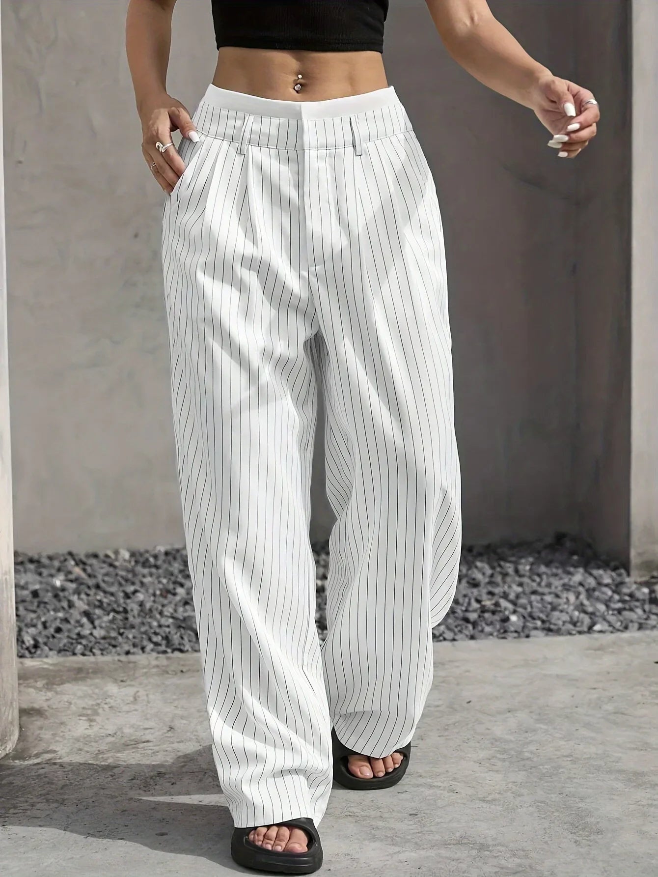 Amawinc Pantalon Taille Haute À Rayures Pinstripe Élégant Confortable Pour Bureau et Dîner