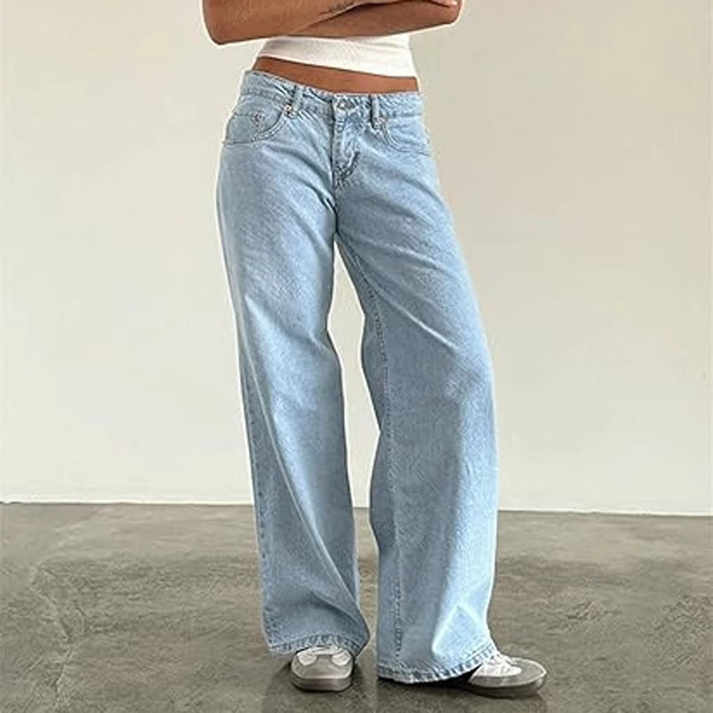 Jean Femme À Taille Moyenne Coupe Droite Vintage Lavé Pour Femmes Confort Durable Et Style Quotidien