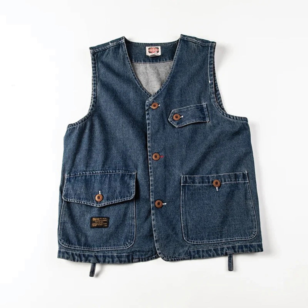 Gilet Denim Soleil Levant Multiples Poches Fonctionnelles Style Travail Japonais Décontracté
