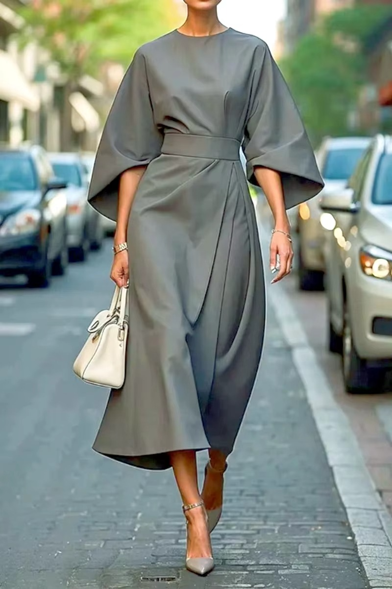Robe Élégante Couleur Unie À Manches Chauve Souris Avec Taille Cintrée Du Bureau Au Dîner Amawinc