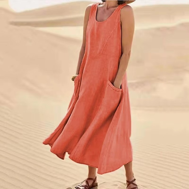 Robe Maxi Sans Manches En Coton Lin Avec Poches Pour La Plage, Coupe Décontractée, Tailles S À 5XL Amawinc