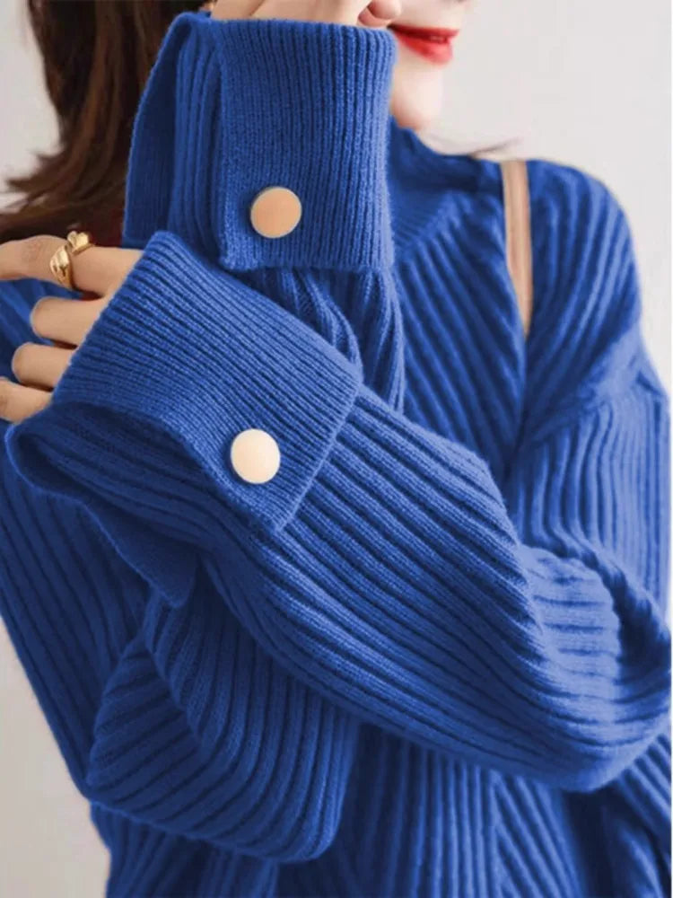 Lorie Pull Oversize Côtelé Poignets Rabattus Avec Boutons Contrastés Pour Style Décontracté Et Chaud