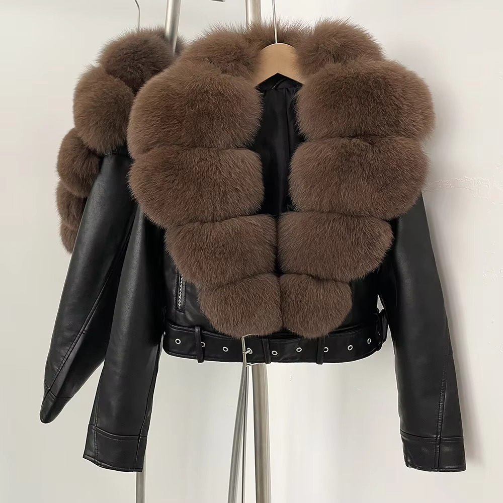 Manteau Femme en Cuir Synthétique avec Col en Fourrure Fausse Élégante Chaleur pour la Saison Froide
