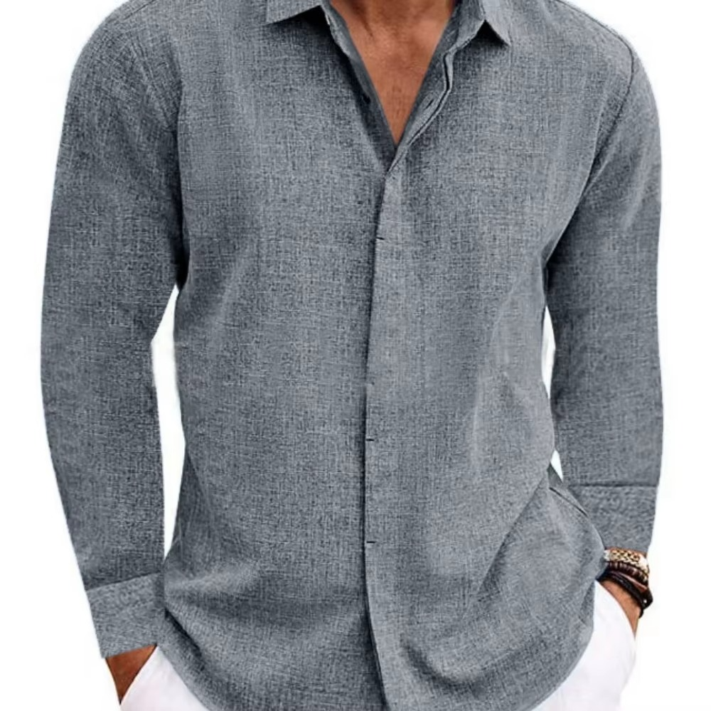 Chemise Homme Lin Uni À Manches Longues Boutonnée Décontractée Pour Le Travail Et Les Fins De Semaine