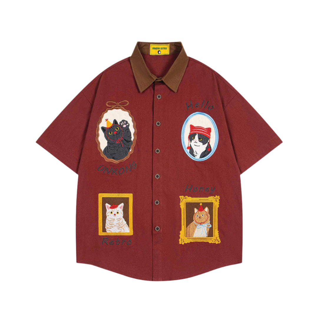 Chemise En Coton Avec Broderie De Chat Patch Pour Un Style Décontracté Élégant Et Parfaitement Ajustée