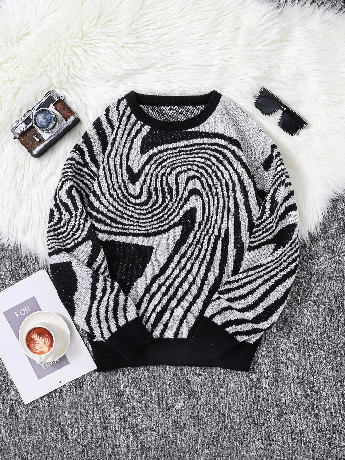 Pull En Laine Abstrait Swirlstorm Motif Jacquard Inspiré Labyrinthe Confort Décontracté