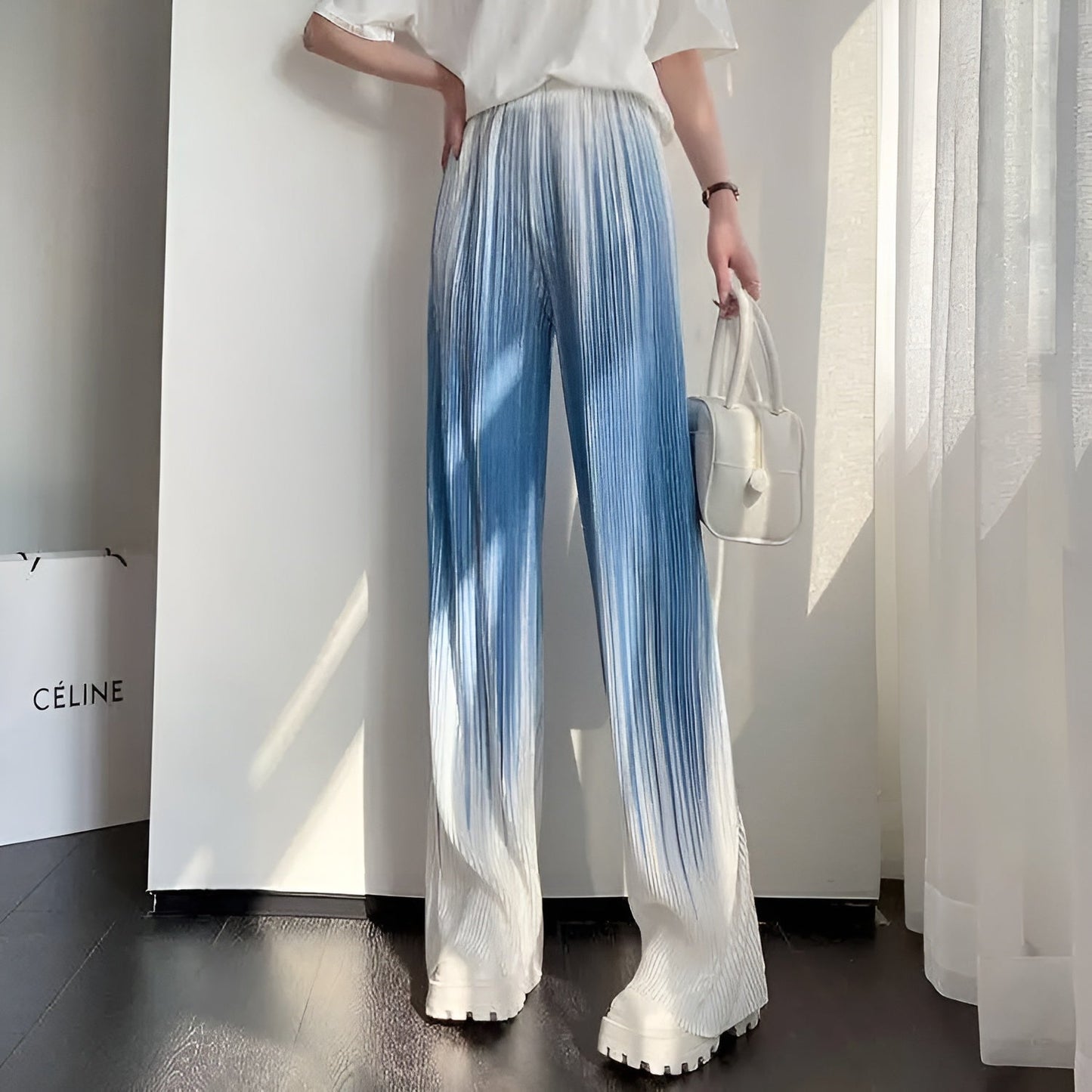 Pantalon Ombré Fade À Plis Micro Taille Haute Cintrée Et Coupe Large Décontractée Style Streetwear
