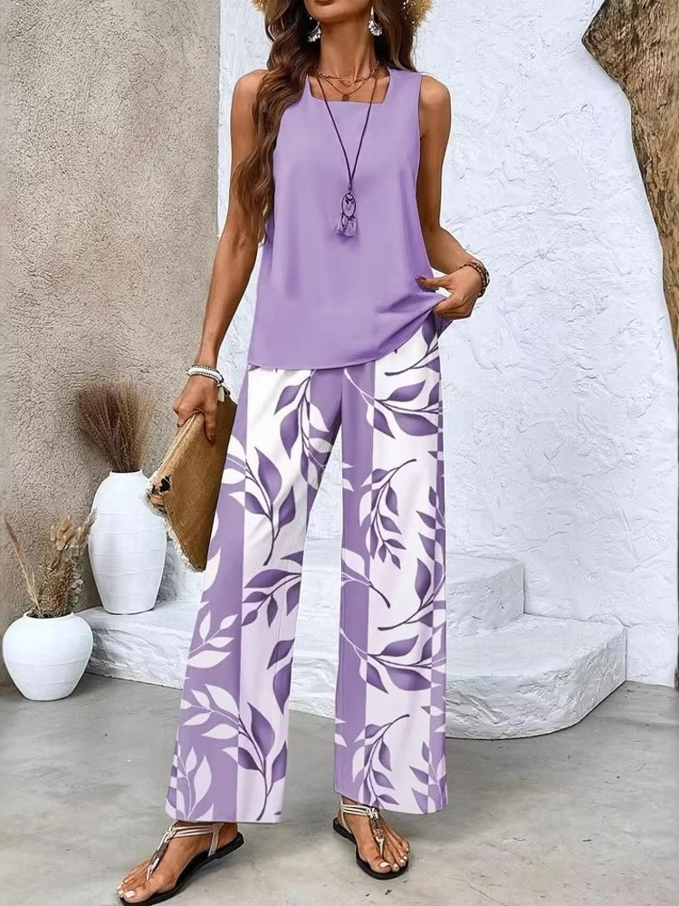 Ensemble Deux Pièces Femme Veste À Col Carré Imprimé Numérique Et Pantalon Long Confortable Pour Femmes