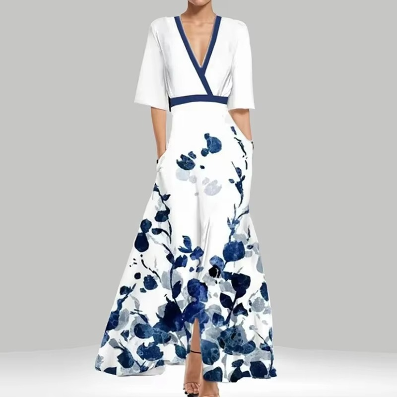 Robe Longue Imprimée À Plis Avec Encolure V Élégante Pour Femme Moderne Idéale Pour Sorties