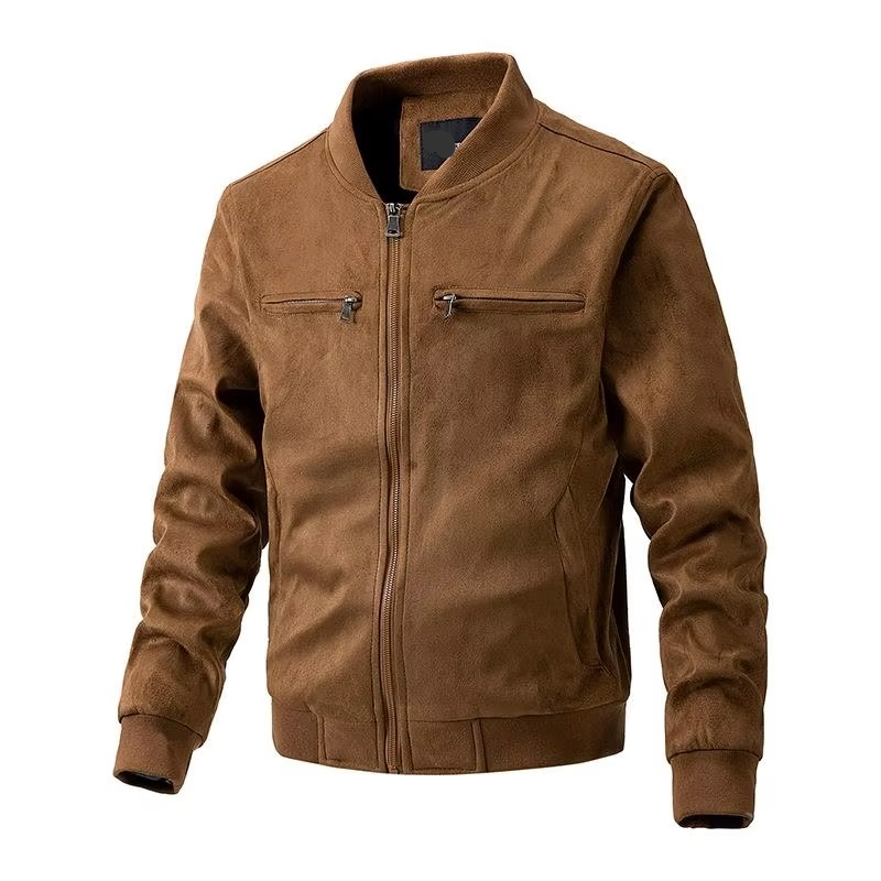 Veste Homme en Daim Automne Hiver avec Col Montant et Fermeture Éclair Frontale Doublure Légère en Coton