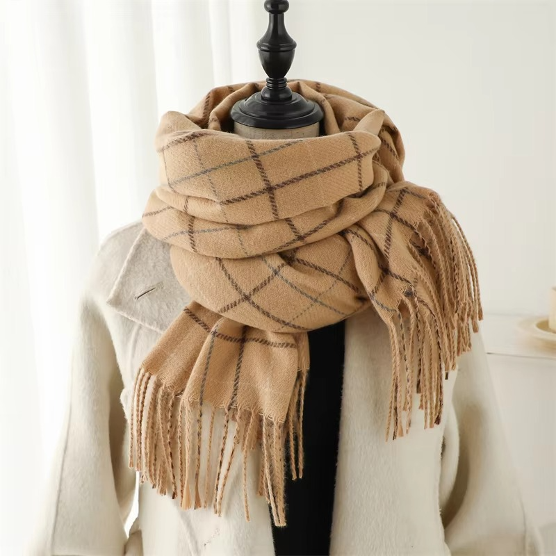 Écharpe Plaid Cachemire Pour Femme Hiver Chaude Foulard Pashmina Avec Franges