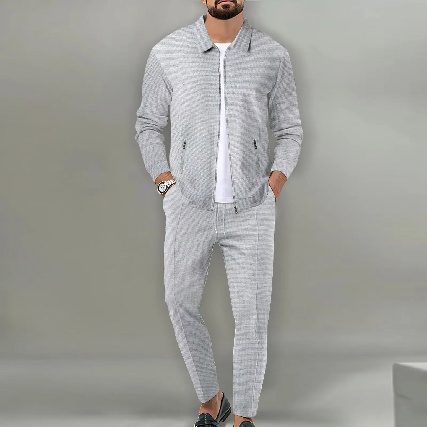Ensemble Homme Deux Pièces Veste Chemise Polo À Manches Longues Pantalon À Cordon Confort Quotidien