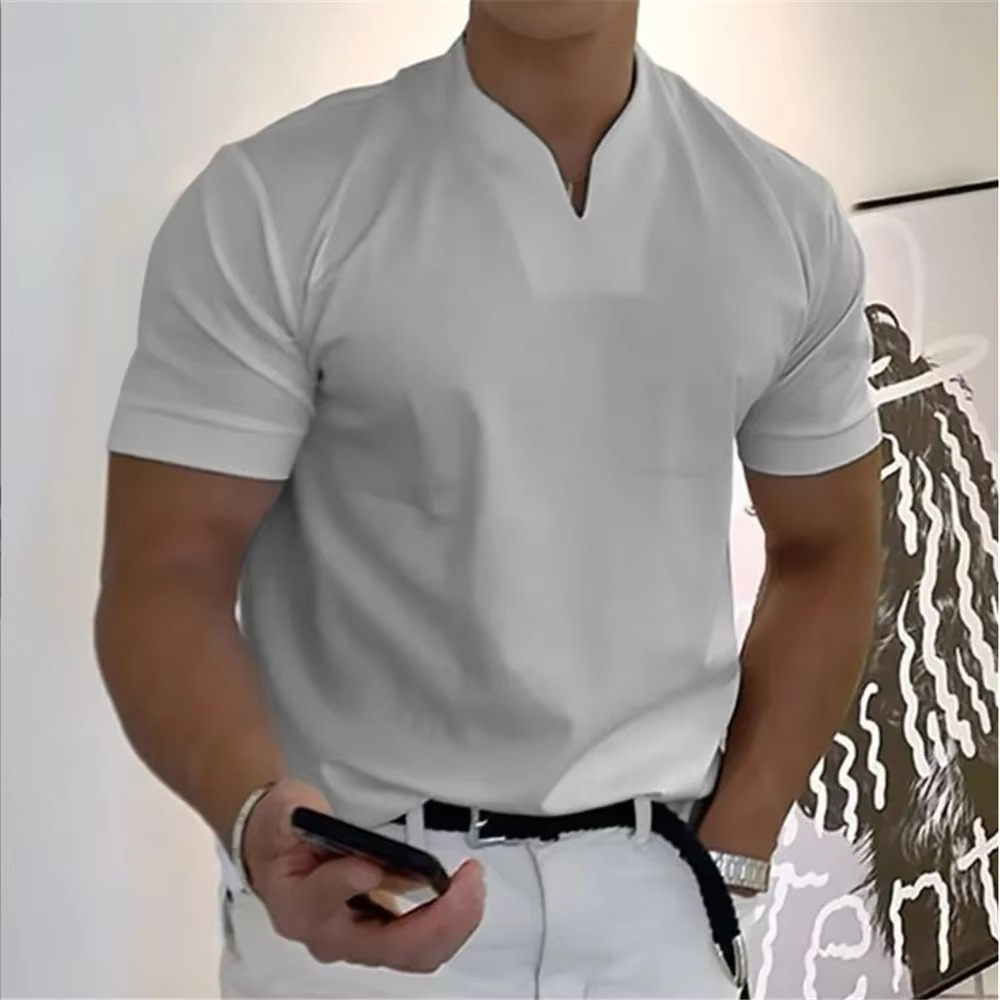 T Shirt Homme Été Col V Manches Courtes Coton Élastique Respirant Athlétique Décontracté