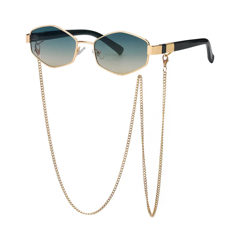 Lunettes de Soleil Vianò Hexagonales en Métal Léger avec Chaîne Dorée et Protection UV400