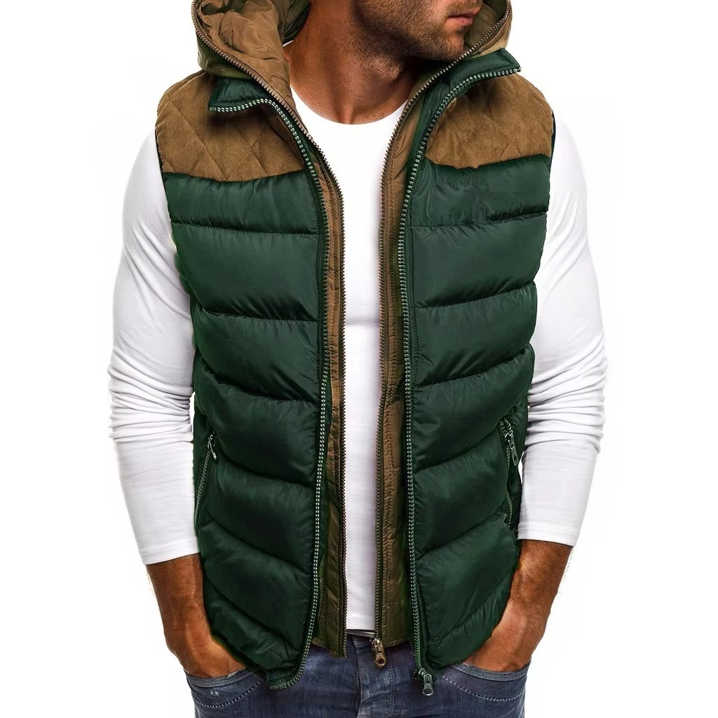 Veste Sans Manches Matelassée D'Hiver À Capuche Pour Homme Avec Broderie Et Fermeture Éclair Chaude